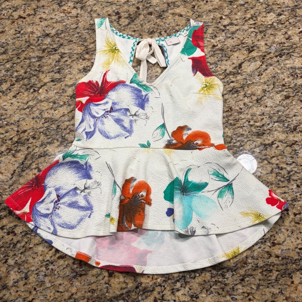 Anthropologie Postmark Floral Peplum Top Sleeveless Tie Back White Small ws